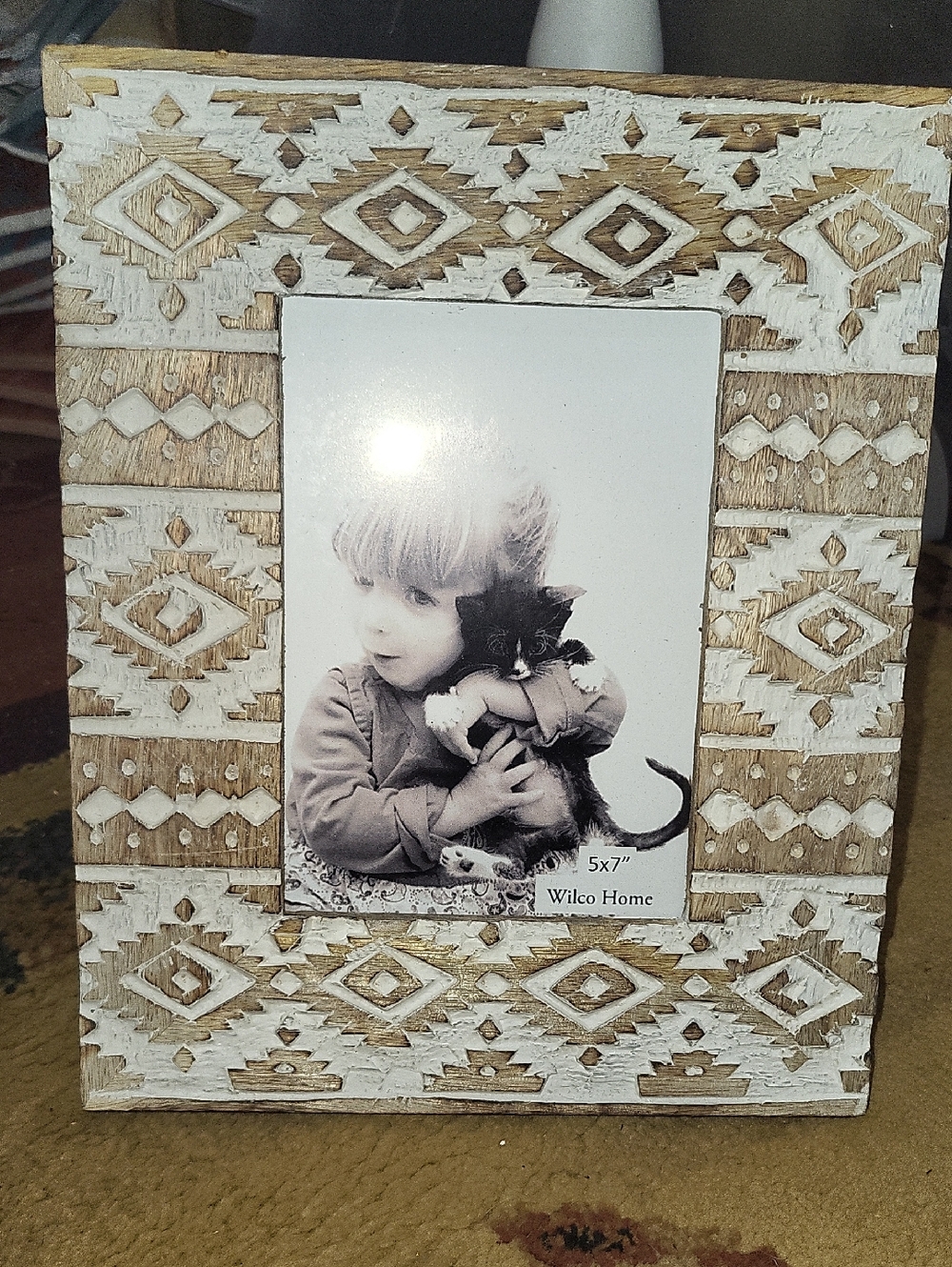 White & Natural Carved Wood Picture Frame